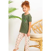 Arnetta Kız Çocuk Kısa Kollu Bisiklet Yaka Kaktüs Desenli Pijama Takım Haki