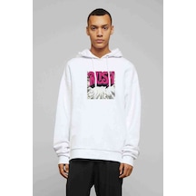 Rush Logo Jpeg Baskılı Beyaz Erkek Örme Kapşonlu Sweatshirt
