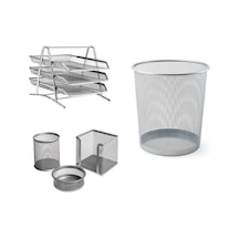 Ofis Set Gri-gümüş 3 Lü Evrak Rafı+3 Lü Masa Set Ve 10 Lt Çöp Kovası