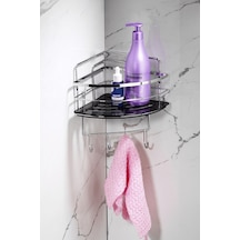 Tekli Yapışkanlı 4 Kancalı Banyo Duş Köşe Rafı – Ayarlanabilir Kristal Raf (Yapıştır/Vidala) Krom-Siyah - LK-01 - KSKK