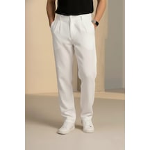 Bürke Çift Pileli Beyaz Beli Yarım Lastikli Kaliteli Keten Görünümlü Baggy Pantolon