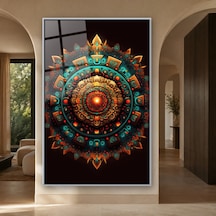 Işıltılı Turkuaz Kabartma Mandala Gümüş Çerçeveli Cam Tablo