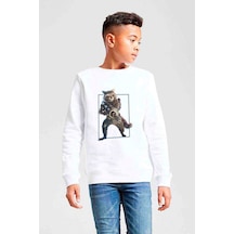Tshirthane Roket Rakun Galaxy Baskılı Unisex Çocuk Beyaz Sweatshirt Beyaz