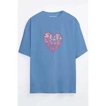 Self Love Club Kalp Baskılı Bordo - Mavi Oversize T-shirt Mavi