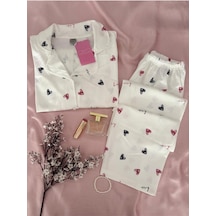 Mh Moony Homewears Siyah Kırmızı Kalp Detaylı Özel Dokulu Düğmeli Pijama Takımı Ekru Renk