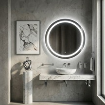 60x60 Cm Modern Yuvarlak Led Banyo Aynası Kumlamalı, Touch Sensörlü, Dimmerli Beyaz Işık 6500k Beyaz