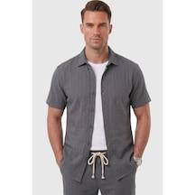 Rizzup Füme Slim Fit Çizgi Dokulu Keten Görünümlü Kısa Kol Erkek Spor Gömlek 2602648