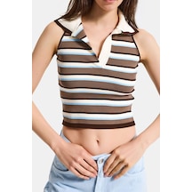 Kadın Mavi Kahve S6-103 Crop Fit Polo Yaka İnce Yazlık Triko Body