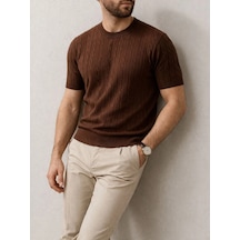 Ertaştrendstore Erkek Yazlık Triko Dokuma Tişört Kısa Kol Bisiklet Yaka Örgü Desenli T-shirt - Kahverengi Çok Renk