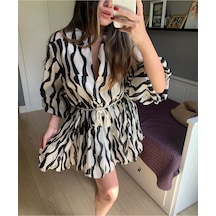 Lava Design Zebra Desenli Kemerli Zra Elbise siyah