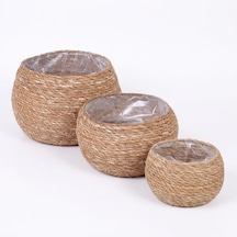 3'lü Yuvarlak Sığ Tombul Hasır Saksılık Seti, Doğal Görünümlü İç Koruma Poşetli Dekoratif Saksı, Büyük 21x16 Cm Orta 18x13 Cm Küçük 15x11 Cm 001