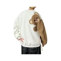 Beyaz Çift Kazak Karikatür Ayı Yuvarlak Rahat Gevşek Yaka Uzun Kollu Büyük Boy Yumuşak Sıcak Erkek Kadın Spor Üst Beyaz