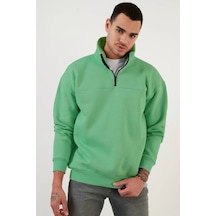 Oversize Yarım Farmuarlı Yakalı Basic Sweatshirt - Yeşil 001