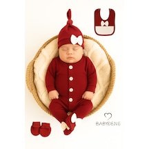 Babyden's 4 'lü Kız Bebek Fitilli Yenidoğan Bebek Tulum Seti %100 Pamuklu Hastane Çıkışı Bordo