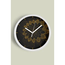 Mandala Tarzı Çiçek Çizimi Modern Duvar Saati - 42cm - Önü Camlı Beyaz Kasa - Sessiz Mekanizma Beyaz