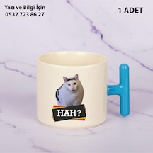 Beyaz Kedi Baskılı Kişiye Özel İsimli Hediyelik T Kupa Bardak-kedi Sevenler İçin Özel Hediye Mavi