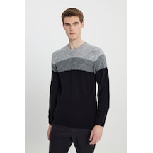 AC&Co / Altınyıldız Classics Erkek Grı-sıyah Standart Fit Normal Kesim Bisiklet Yaka Colorblock Desenli Triko Kazak Grı-sıyah
