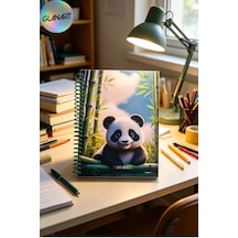 100 Yaprak Sevimli Panda Desenli Orta Boy Sert Kapak Kareli Defter 17x24 Cırtlı