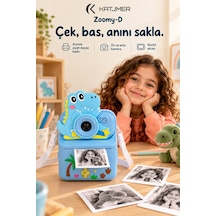 Kj/zm-002 Zoomy-d Dinozor Figürlü Anında Baskılı Çocuk Fotoğraf Makinesi, Çift Kamera, 2,4 İnç Ekran, 1080p Video, 3+ Yaş Mavi