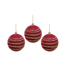 Kadife Yılbaşı Topu Altın Simli Çam Ağacı Süsü Bordo 8 Cm 3'lü