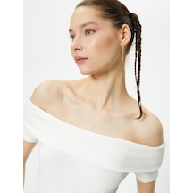 Koton Madonna Yaka Tişört Crop Ribanalı Kısa Kollu Slim Fit Ekru 4sal10803ık Ekru