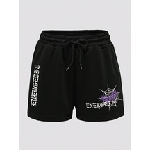 Coolane Letter Graphic Drawstring Waist Şort Siyah