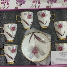 Pembe Çiçek Desenli Altın Detaylı Kutulu Fincan Takımı 6 Lı Beyaz