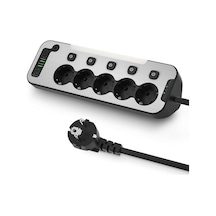 Bağımsız Anahtarlı 5'li Işıklı Akım Korumalı Çoklu Priz 4000w, 2x Usb - 2x Type-c Giriş, Metal Ön Panel Uzatma Kablosu Köşe Beşli Priz, Topraklı, 2 Metre Kablo 1