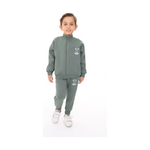 Toontoy Kids Toontoy Erkek Çocuk 2'li Takım Baskılı Dik Yaka Fermuarlı Sweatshirt & Beli Paçası Lastikli Cepli Jogger Eşofman Altı - 3 İplik Şardonlu Yeşil