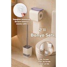 Porsima 2li Banyo Seti Yapışkanlı Banyo Tuvalet Kağıtlığı Tuvalet Fırçası Peçetelik Tuvalet Fırçalığı Beyaz Gri Beyaz - Gri