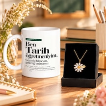 Bk Gift Ben Tarih Öğretmeniyim Tasarımlı Kupa Ve Kişiye Özel İsimli Papatya Kolye Seti Sarı