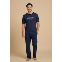 Wordex Mirano 8108 Penye Brooklyn Yazılı Erkek Yazlık Kısa Kollu Cepli Pijama Takımı Lacivert