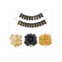 Siyah-gold-şeffaf Balon+banner Seti