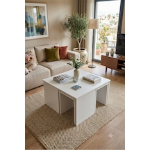 5'li Zigon Sehpa Takımı Beyaz İç İçe Geçmeli 1 Büyük + 4 Mini Modern Orta Sehpa Beyaz Beyaz