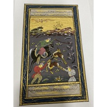 Ormanda Avcılık Konulu El Yapımı Minyatür Resim 21x12 Cm