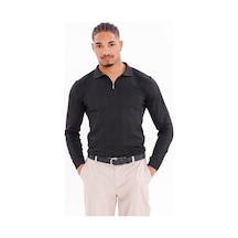 Monox Erkek Yarım Fermuarlı Polo Yaka Triko Kazak Siyah