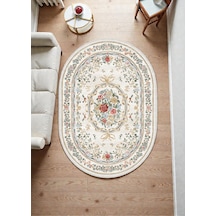 Oval Vintage Gül Desenli Krem Kilim Fransız Klasik Şık Salon Oturma Odası Halısı Krem Krem