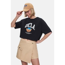 Carly Siyah Bisiklet Yaka Crop Baskılı Loose Fit Kadın Tshirt Siyah