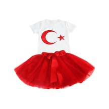 Nacar Store Kız Çocuk 23nisan 29ekim Gösteri Doğumgünü Kıyafeti Ayyıldız Kısa Kol Beyaz T-shırt Tütü Etek Takım Kırmızı-3