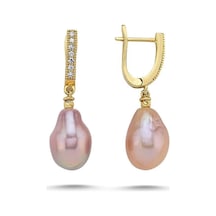 10,5 Mm Zirkon Taşlı Multicolor Barok Doğal İnci Küpe Sarı Sarı