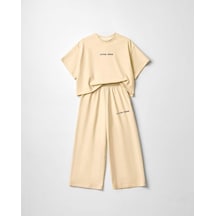 Magu Kız Çocuk Pamuklu Bej Baskılı T-shirt Pantolon Takım - Bol Kesim Rahat Set Bej