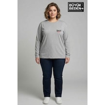 Süperlife Kadın Büyük Beden Orta Brooklyn Baskılı 2 İplik Bisiklet Yaka Tişört Spr26beak942-3 Gri