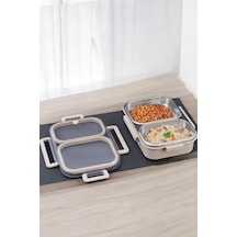 Digithome Bento 2 Bölmeli Taşınabilir Paslanmaz Çelik Yemek Kabı Termosu Lunch Box Dikdörtgen Bej 1000ml