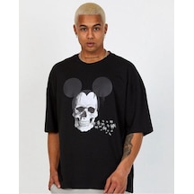 Flood Of Style Erkek Siyah Kuru Kafa Mouse Baskılı Oversize Bisiklet Yaka Tişört