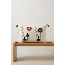 Renkli Modern Çiçek Desenli Kabartmalı Punch Nakışlı Püsküllü Pamuk Dekoratif Kırlent Kılıfı 35x55 Cm Bej