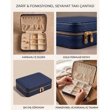 Takı Kutusu Düzenleyici Seyahat Çantası Kolye Yüzük Küpe Organizer Deri Lacivert 22cmx17cm