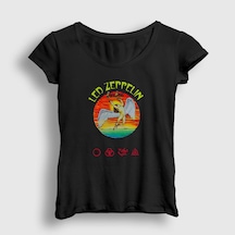 Presmono Kadın Swan Led Zeppelin T-shirt Siyah