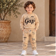 Maxx Kelın Erkek Çocuk Bej 2 İplik Şardonlu Baskılı Eşofman Takımı Hayvan Desenli Sweatshirt Ve Pantolon