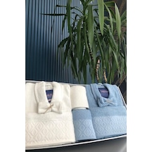 Diamond Jakarlı 10 Parça Aile Bornoz Takımı Krem Mavi Krem - Mavi