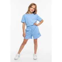 Toontoy Kids Toontoy Kız Çocuk Beli Lastikli Bağlamalı Nakışlı Şort 25051 Mavi